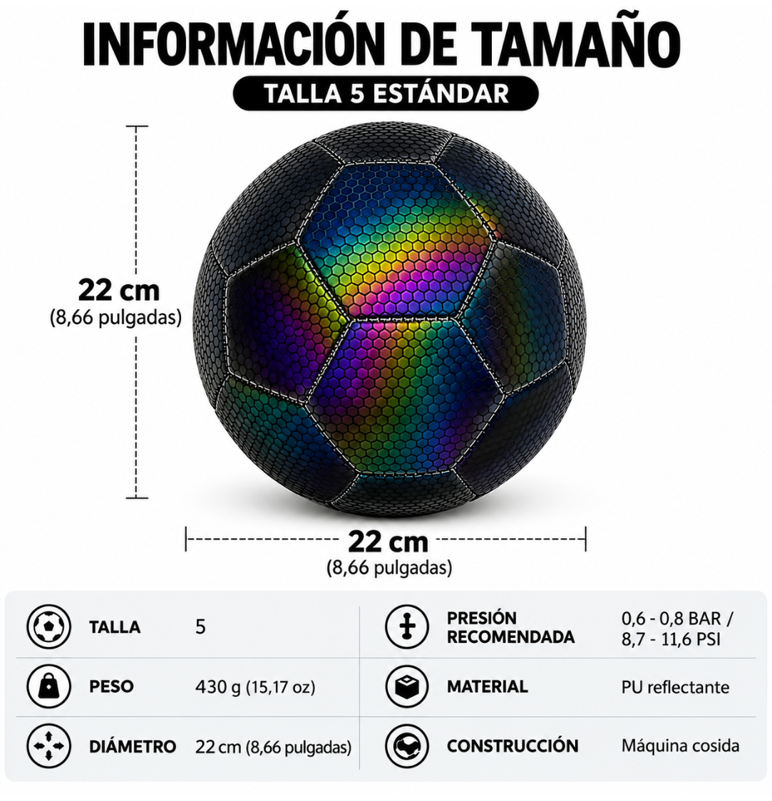 Balón de Fútbol Glow®️  Reflectante  Holográfico Luminoso Talla 5 Fútbol
